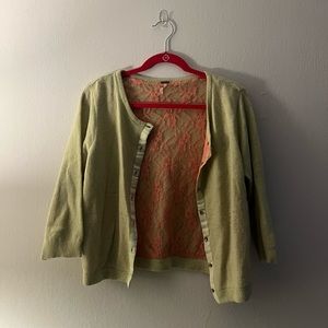 Free People green/pink lace rhinestone button-down sweater
